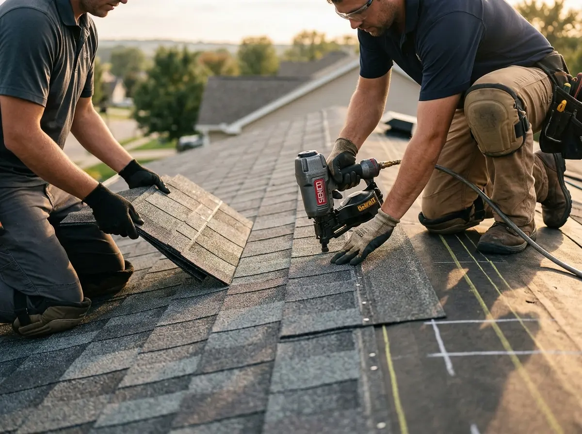 Professional roofer working on a residential roof in East Grand Rapids